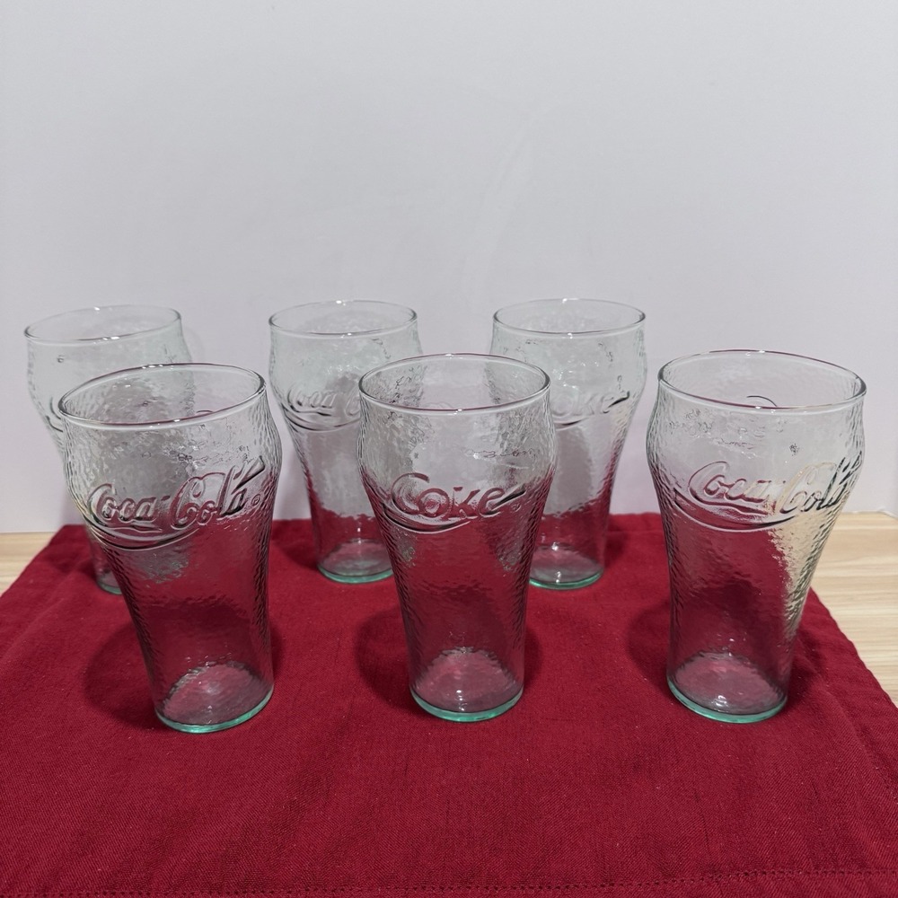 LOT 6 VTG Coca-Cola Coke Clear Green Tint Glasses Hammered Pebbled Texture 6"